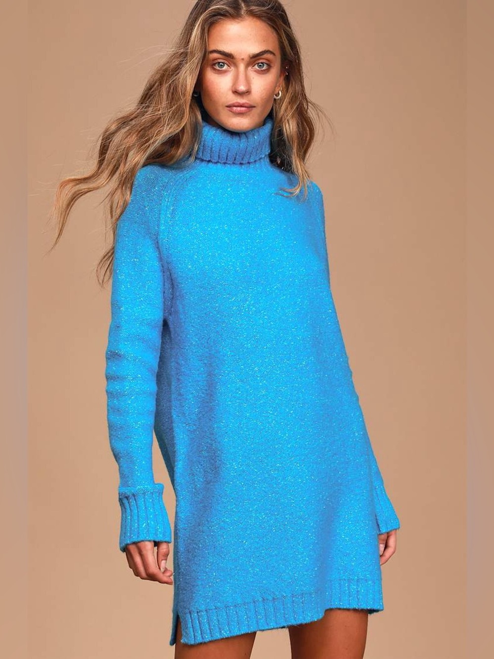 Lulus All Chill Bright Blue Knit Turtleneck Sweater Dress M